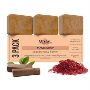 Ghar Soaps Sandalwood & Saffron Magic Soaps For Bath (300 Gms Pack Of 3) | Paraben Free | Chandan & Kesar Bath Soap | Handmade Soaps For Glowing | Skin Brightening Soap For Men & Women