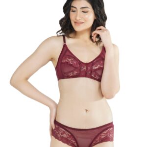 women's lace bra and panty set in a maroon/wine color.