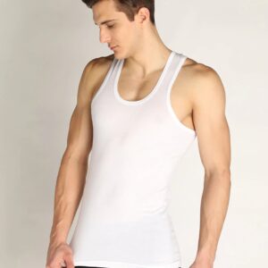 men's white sleeveless vest (gym vest/tank vest) paired with black boxer briefs.